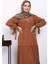 Camel Eteği Katlı Kol Bağlamalı Şifon Elbise 3