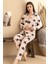 Kadın Pembe Süet Gömlek Yaka Yumuşak Uzun Kol Desenli Kışlık Pijama Takım 1D-2351 2