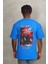 Unisex Oversize Baskılı Bisiklet Yaka T-Shirt - Mavi 4