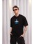 Unisex Bisiklet Yaka Baskılı Oversize T-Shirt - Siyah 1