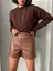 Beli Lastikli Çıtçıtlı Deri Şort Kahve W241007 4