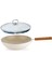 Ceramoni Seramik Wok Tava 28 cm Cam Kapaklı-Krem 1