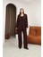 Kadın Bordo Yandan Kuşaklı Blazer Ceket Pantolon Takım 3