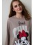 Koyu Bej Just Chill Mickey Mouse Baskılı Pamuklu Uzun Kollu Gecelik 2