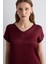 V Yaka Viskon Önü Saten Tshirt - Bordo 2