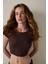 Kahverengi Bisiklet Yaka Dantelli Crop Üst 6
