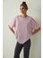 Lila Bisiklet Yaka Dikiş Detaylı Modal Oversize Tişört 11