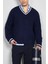 Erkek V Yaka Oversize Kontrast Detaylı Kazak Lacivert 2