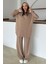 Kapüşonlu Fermuar Detaylı Premium Kumaş Sweat Pantolon Takım Kamel 9373-TK 4
