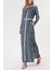 Mavi Kontrast Biye Detaylı Uzun Elbise 94110 1