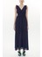 Lacivert Beli Lastikli V Yaka Kolsuz Uzun Elbise 93348 1