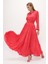Kırmızı Bol Kesim Büzgülü Uzun Elbise 93742 5