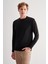 Siyah Bisiklet Yaka Uzun Kol Cepsiz Comfort Fit Pamuklu Triko Kazak 1012255220 1