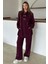 Metal Aksesuarlı Premium Kumaş Salaş Sweat Pantolon Takım Bordo 9372-TK 7