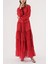 Kırmızı Büzgülü Rahat Kesim Kemerli Uzun Elbise 94515 1