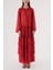 Kırmızı Büzgülü Rahat Kesim Kemerli Uzun Elbise 94515 2