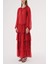 Kırmızı Büzgülü Rahat Kesim Kemerli Uzun Elbise 94515 3