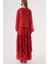 Kırmızı Büzgülü Rahat Kesim Kemerli Uzun Elbise 94515 4