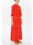 Kırmızı Kolları Lastikli Büzgülü Uzun Elbise 93164 7