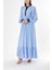 Mavi Büzgülü ve Düğme Detaylı Uzun Elbise 94252 1