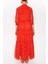 Kırmızı Kolları Lastikli Büzgülü Uzun Elbise 93164 4