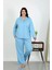 Kadın Büyük Beden Pamuklu Cepli Düğmeli Mavi Pijama Takım 2