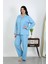Kadın Büyük Beden Pamuklu Cepli Düğmeli Mavi Pijama Takım 4