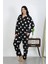 Kadın Büyük Beden Pamuklu Cepli Düğmeli Siyah Pijama Takım 3
