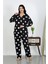Kadın Büyük Beden Pamuklu Cepli Düğmeli Siyah Pijama Takım 4