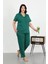 Kadın Büyük Beden Pamuklu Cepli Düğmeli Zümrütyeşili Pijama Takım 3