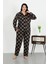 Kadın Büyük Beden Pamuklu Cepli Düğmeli Siyah Pijama Takım 2
