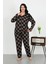 Kadın Büyük Beden Pamuklu Cepli Düğmeli Siyah Pijama Takım 3