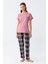 Kadın Somon Ayıcık Baskılı Ekoseli Penye Pijama Takımı 1