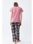 Kadın Somon Ayıcık Baskılı Ekoseli Penye Pijama Takımı 6