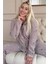 Mor Gri Yıldızlı Kalp Desenli Önden Düğmeli Peluş Polar Pijama Takımı 1