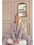 Mor Gri Yıldızlı Kalp Desenli Önden Düğmeli Peluş Polar Pijama Takımı 2