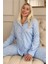 Mavi Dotted Desenli Önden Düğmeli Peluş Polar Pijama Takımı 1