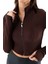 Kadın Dik Yaka Parmak Geçirmeli Fermuarlı Crop Sweatshirt Kahverengi - 26K 1776 4