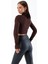 Kadın Dik Yaka Parmak Geçirmeli Fermuarlı Crop Sweatshirt Kahverengi - 26K 1776 5