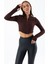 Kadın Dik Yaka Parmak Geçirmeli Fermuarlı Crop Sweatshirt Kahverengi - 26K 1776 7