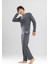 Erkek Pamuklu Bisiklet Yaka Baskılı Uzun Kollu Pijama Takımı 9804 Gri 1