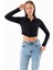 Kadın Polo Yaka Çift Fermuarlı Crop Sweatshirt Siyah - 26K 1785 1