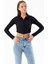 Kadın Polo Yaka Çift Fermuarlı Crop Sweatshirt Siyah - 26K 1785 2