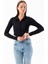 Kadın Polo Yaka Çift Fermuarlı Crop Sweatshirt Siyah - 26K 1785 3