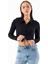 Kadın Polo Yaka Çift Fermuarlı Crop Sweatshirt Siyah - 26K 1785 4