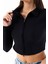 Kadın Polo Yaka Çift Fermuarlı Crop Sweatshirt Siyah - 26K 1785 5