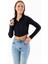Kadın Polo Yaka Çift Fermuarlı Crop Sweatshirt Siyah - 26K 1785 8