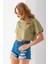 Kadın Bisiklet Yaka %100 Pamuk Basic Crop T-Shirt Haki - 925007 1