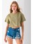 Kadın Bisiklet Yaka %100 Pamuk Basic Crop T-Shirt Haki - 925007 3