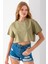 Kadın Bisiklet Yaka %100 Pamuk Basic Crop T-Shirt Haki - 925007 4